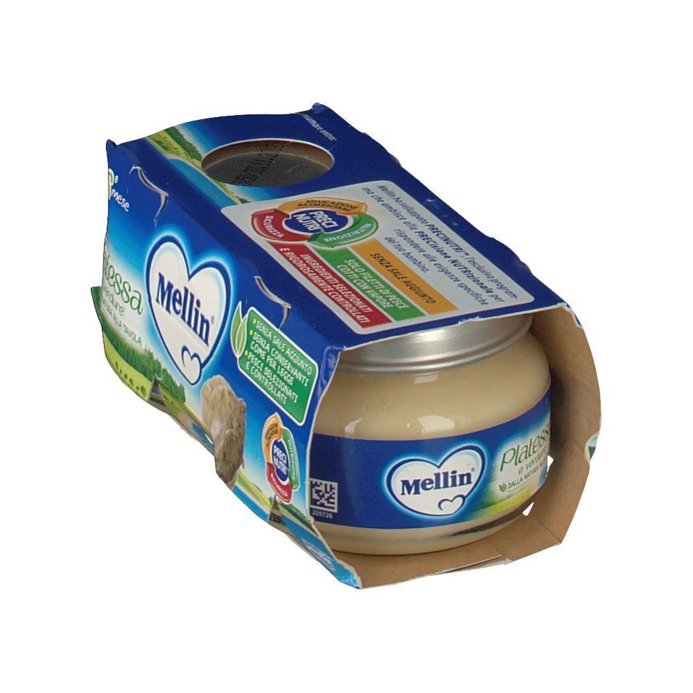 Una confezione di Mellin® Omogenizzato Platessa, omogeneizzato aperto, con un vasetto visibile.