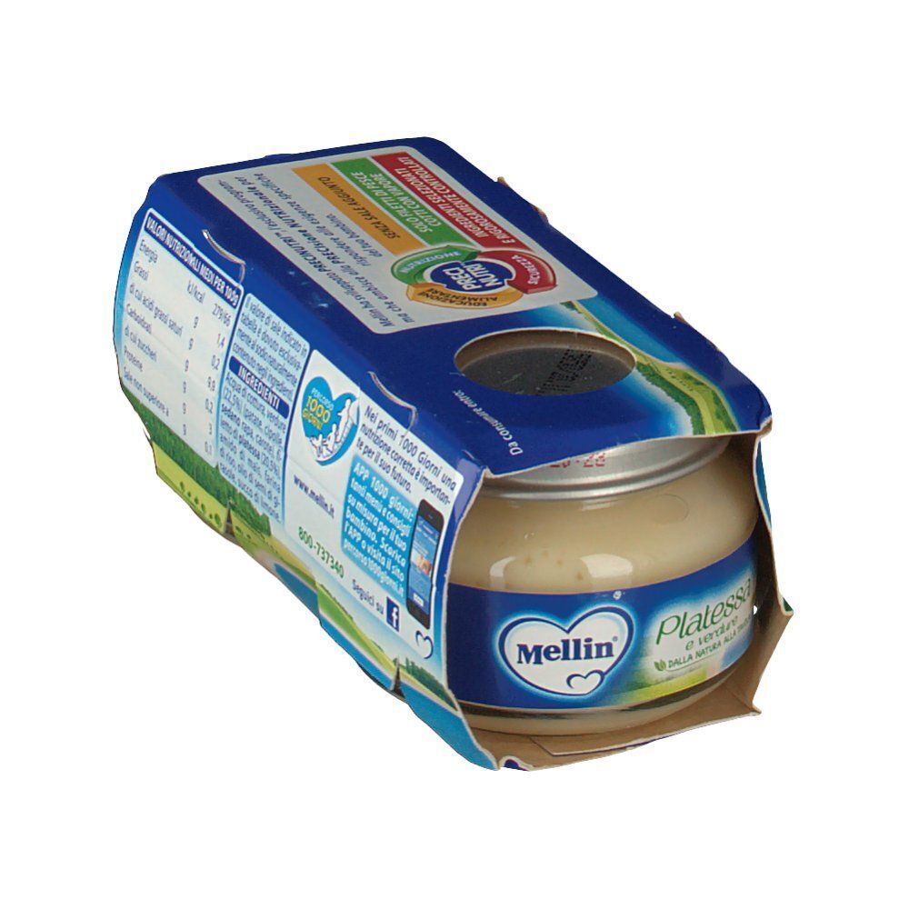 Una confezione di Mellin® Omogenizzato Platessa, omogeneizzato aperto, con un vasetto visibile.
