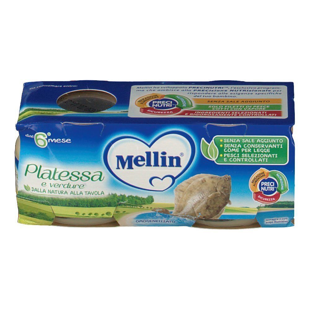 Una confezione di Mellin® Omogenizzato Platessa, omogeneizzato pesce e verdure.