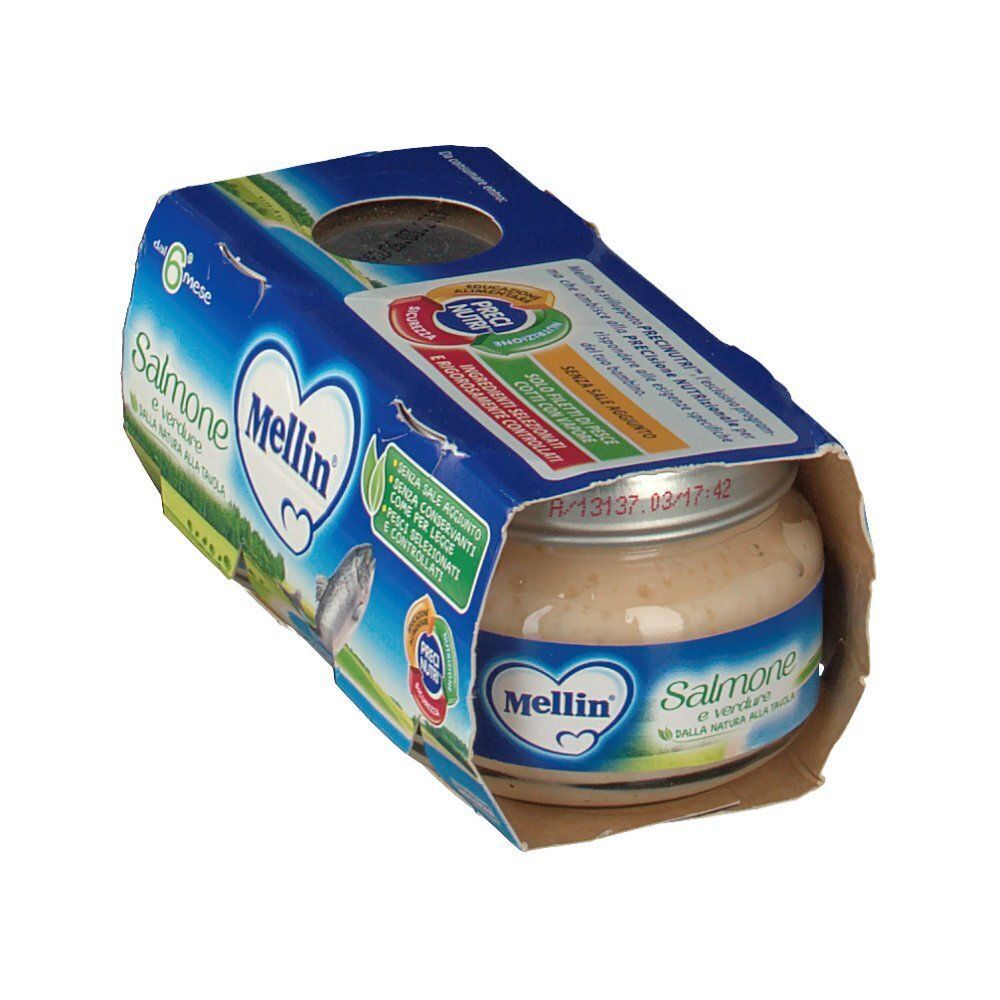 Mellin® Omogeneizzato Salmone e Verdure in cartone, una vaschetta visibile.