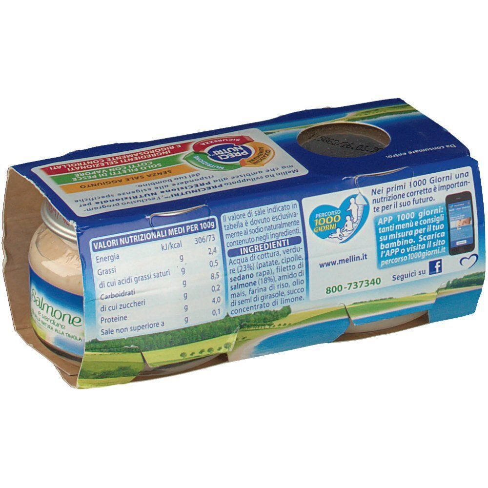 Retro della confezione Mellin® Omogeneizzato Salmone e Verdure con informazioni nutrizionali.