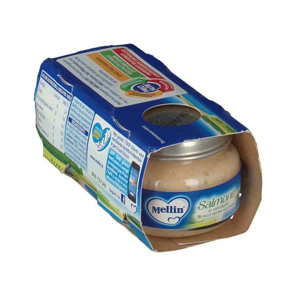 Mellin® Omogeneizzato Salmone e Verdure in cartone, una vaschetta visibile.