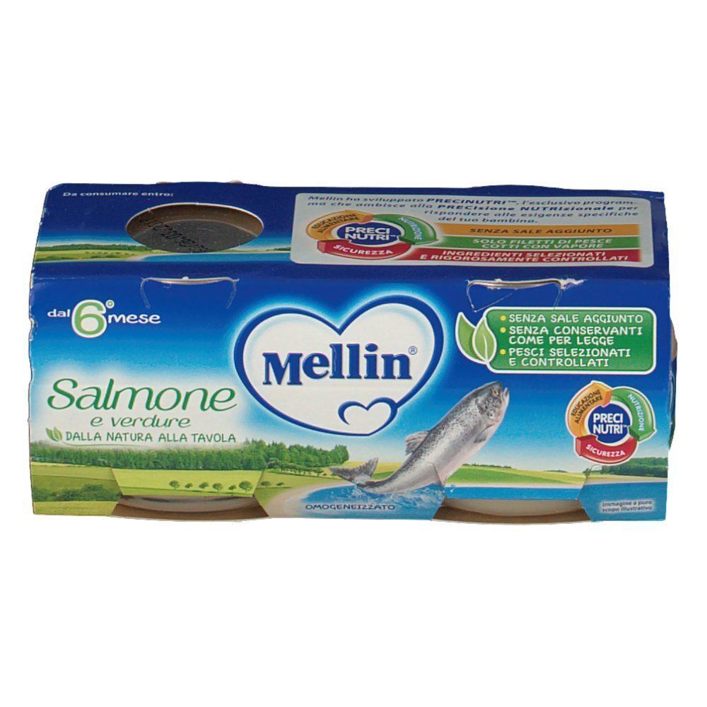 Fronte della confezione Mellin® Omogeneizzato Salmone e Verdure con illustrazione di salmone.