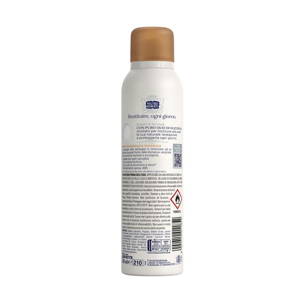Retro di un flacone spray bianco con informazioni sul prodotto e avvertenze.
