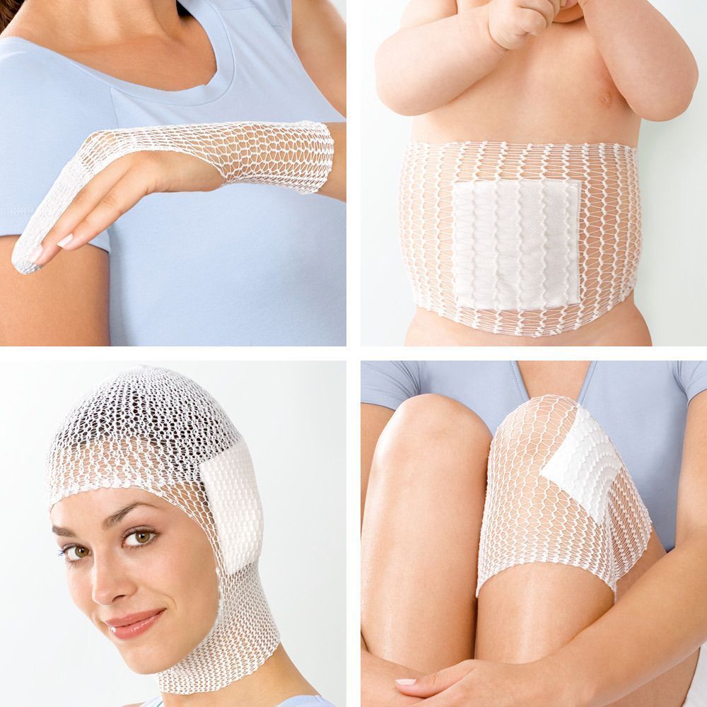 Collage: Leukoplast Elastofix benda tubolare su mano, addome, testa e ginocchio.
