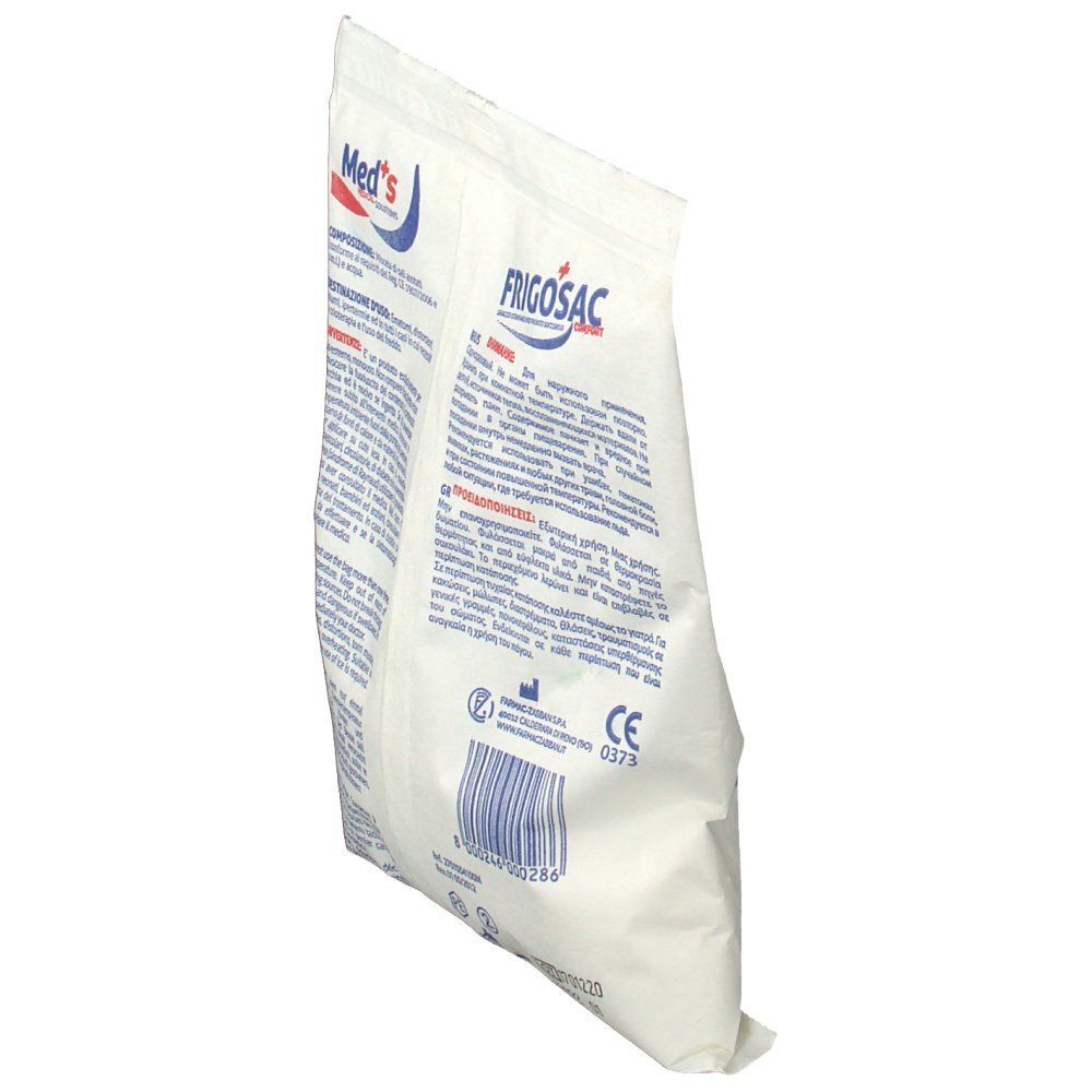 Med's Frigosac Comfort Borsa ghiaccio istantaneo, vista posteriore di un sacchetto bianco.
