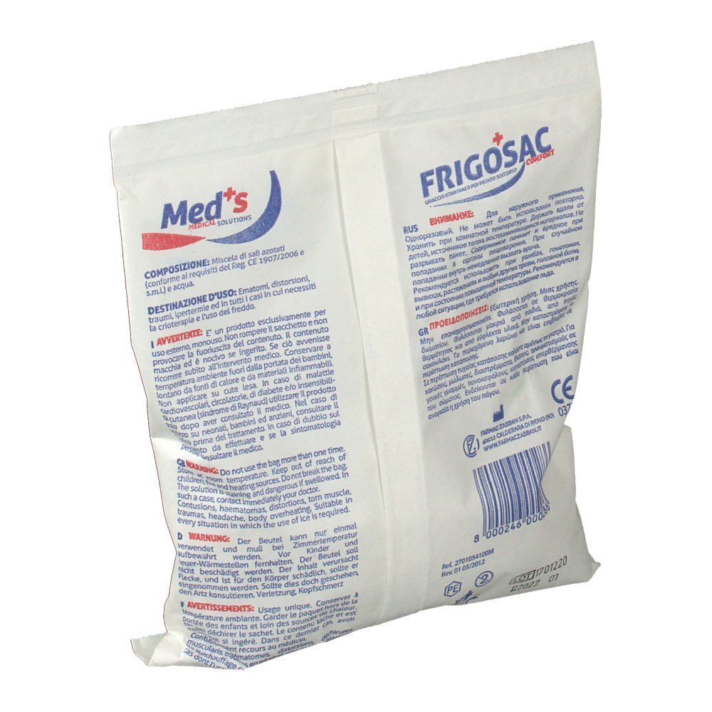 Retro di un sacchetto bianco FRIGOSAC COMFORT con istruzioni dettagliate e avvertenze multilingue.
