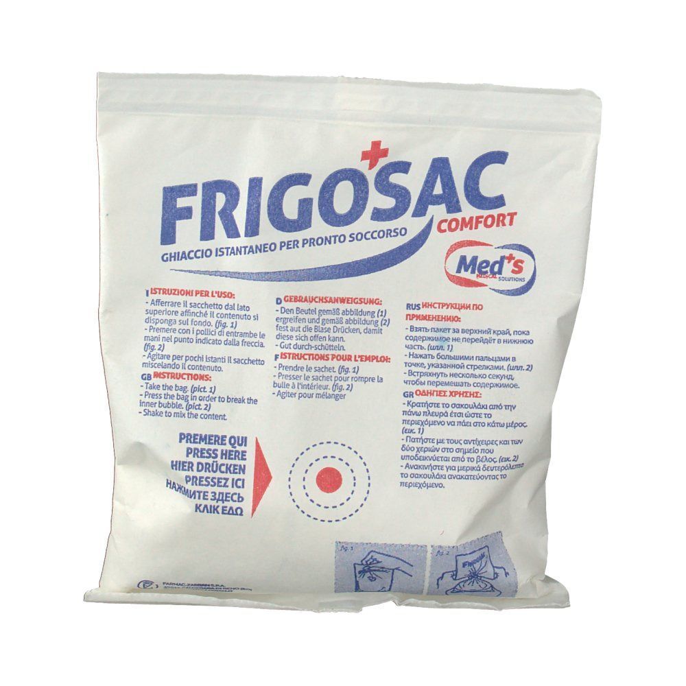 Un sacchetto bianco FRIGOSAC COMFORT con istruzioni per l'attivazione e l'uso multilingue.