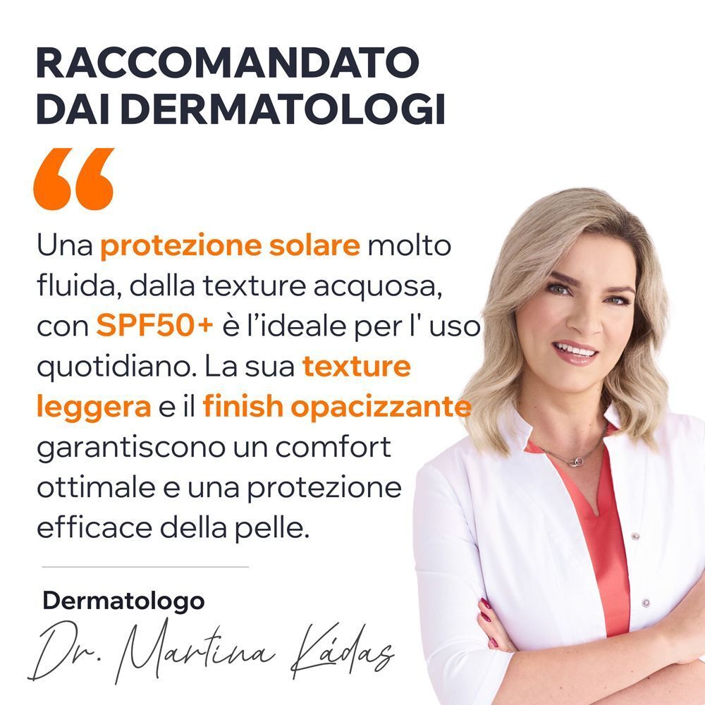 Dermatologa raccomanda Uriage Bariésun Aqua Fluid Ultra Mat SPF50+ per uso quotidiano, texture leggera, finish opacizzante.