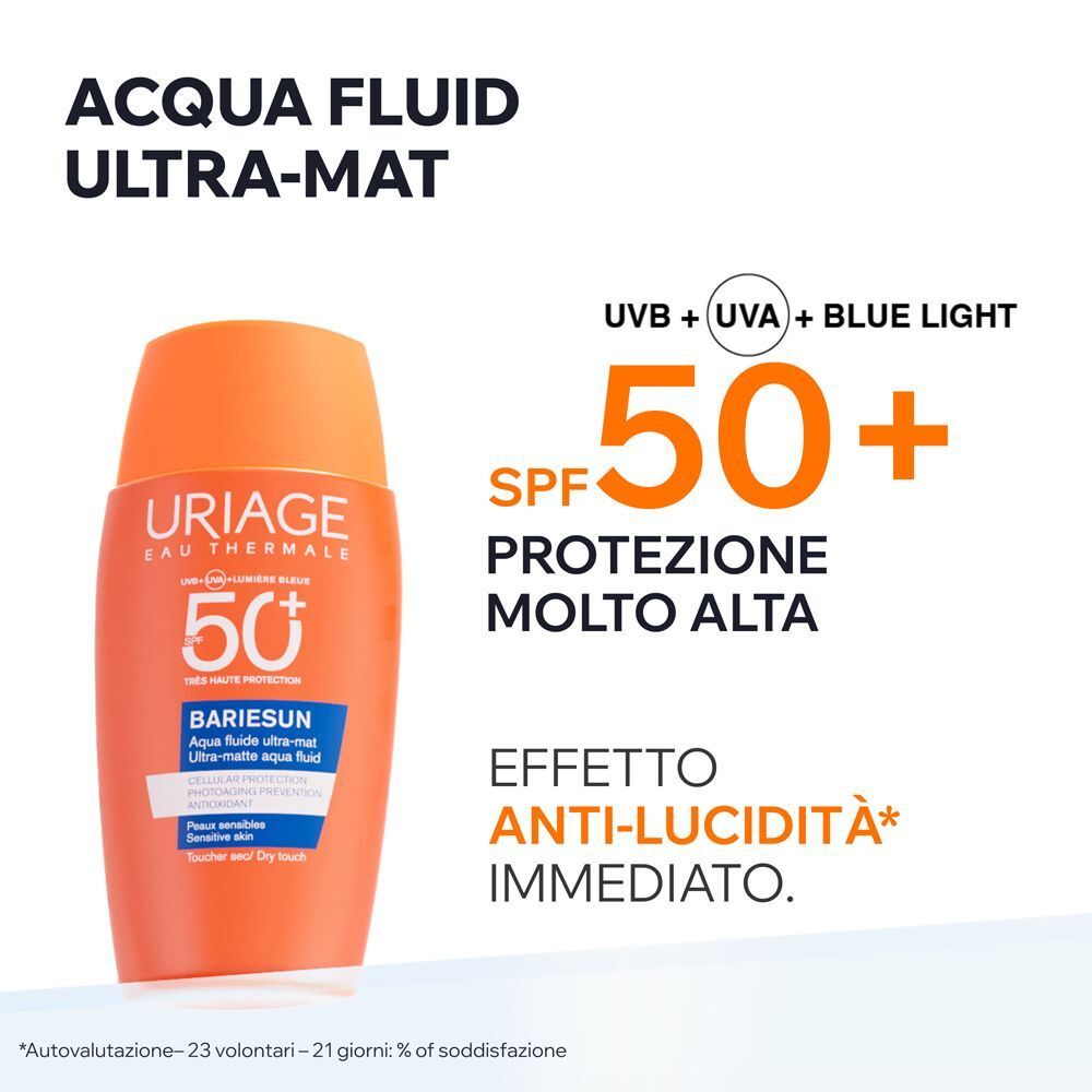 Uriage Bariésun Aqua Fluid Ultra Mat SPF50+ alta protezione, effetto anti-lucidità immediato.
