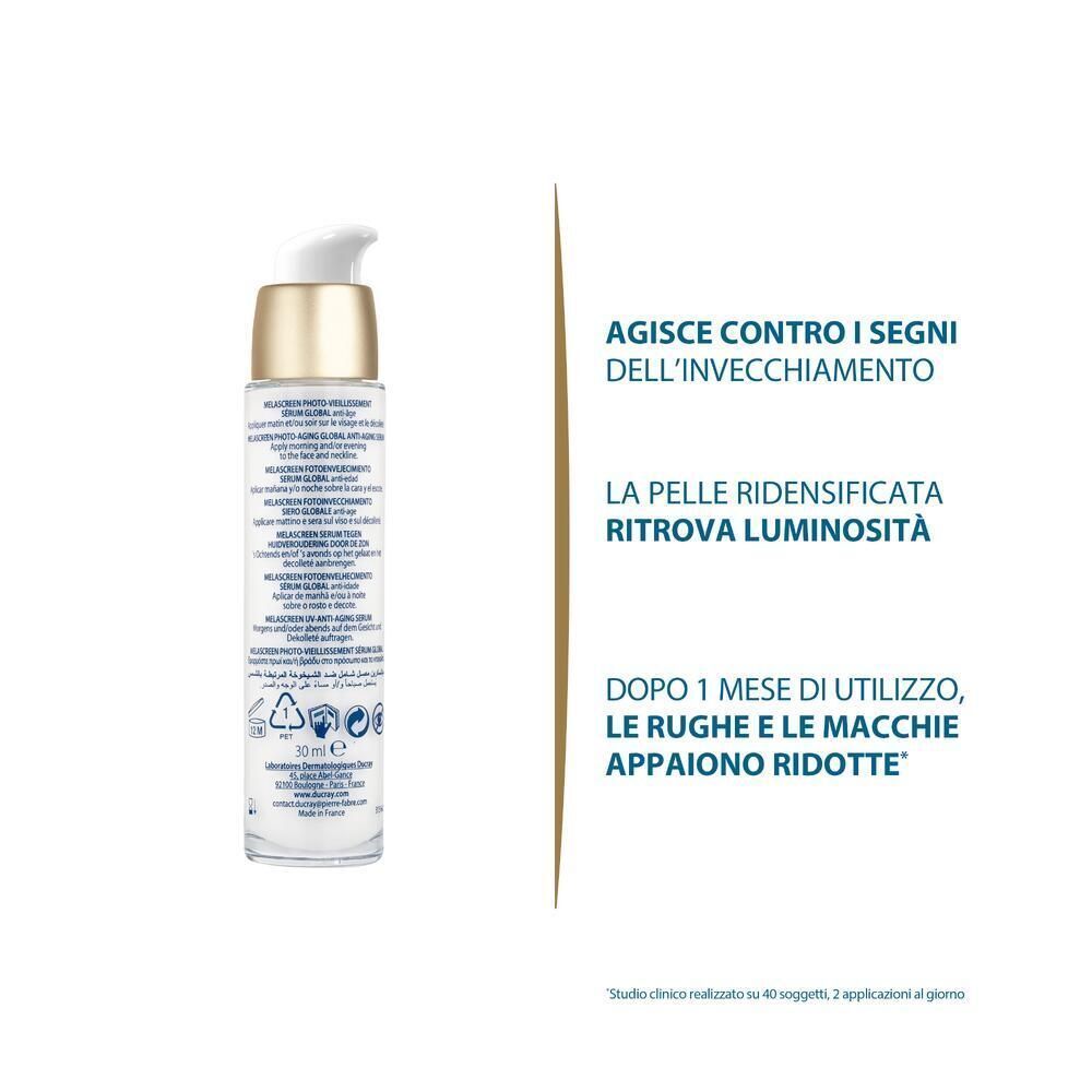 Retro di un flacone di siero globale anti-età Ducray Melascreen con istruzioni e ingredienti.