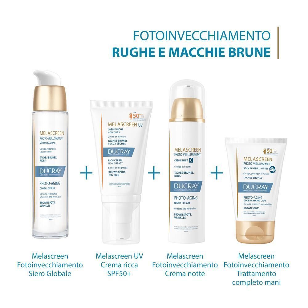Set di quattro prodotti Ducray Melascreen per la cura della pelle, inclusi sieri e creme.