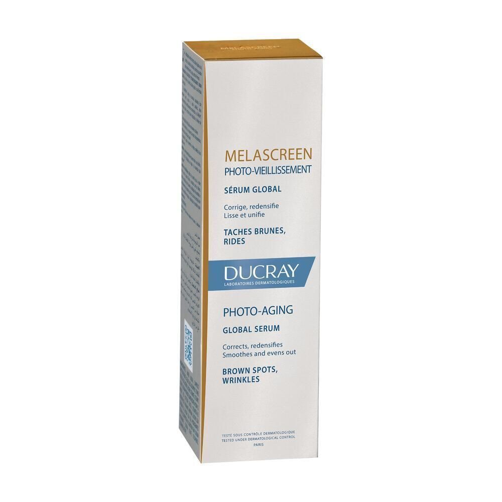 Confezione di Ducray Melascreen Foto-Aging Siero Globale con informazioni sul prodotto.