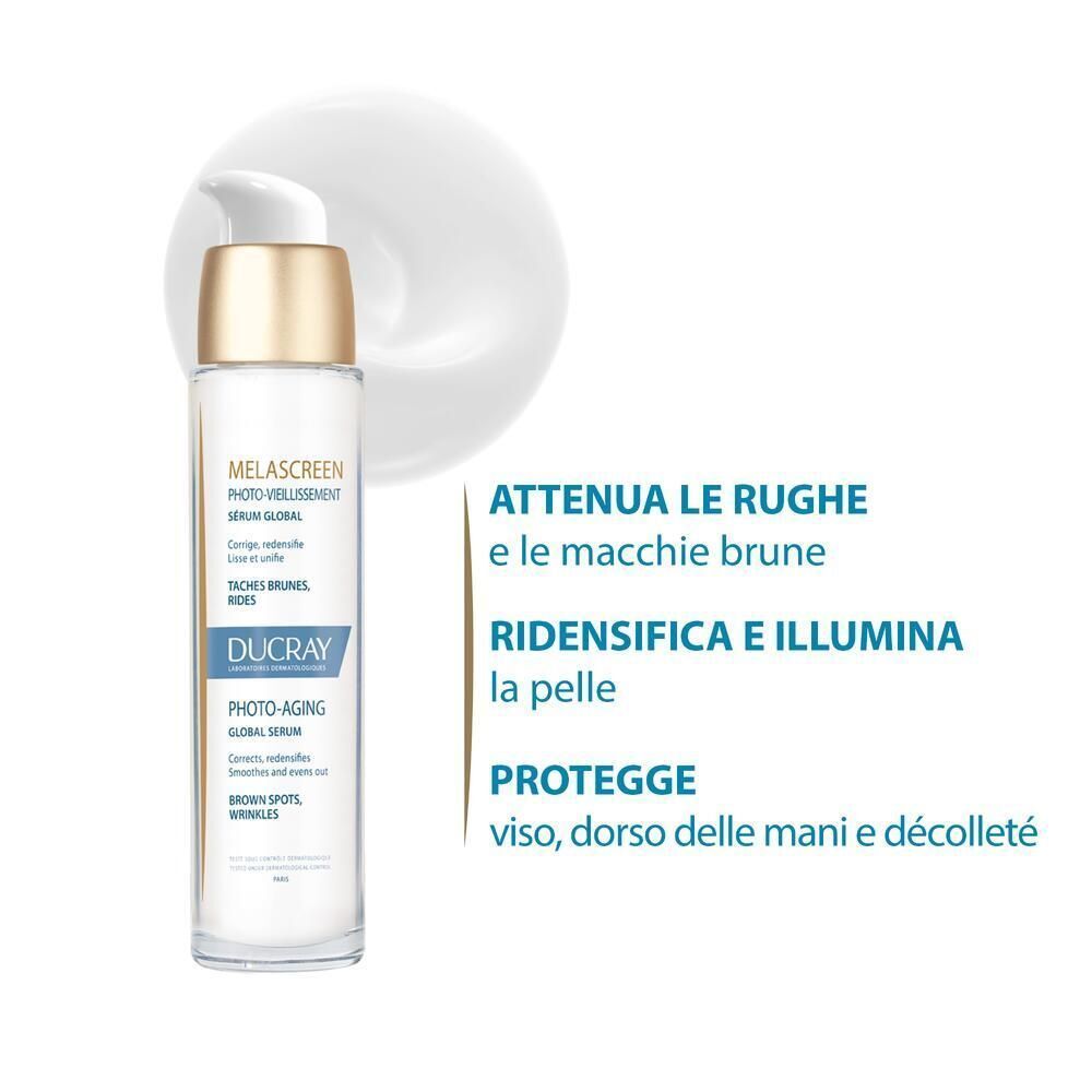 Flacone di Ducray Melascreen Foto-Aging Siero Globale con pompa e testo.