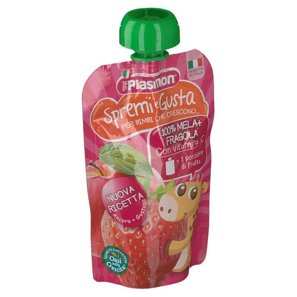 Plasmon Spremi e Gusta Mela Fragola pouch con tappo verde. Fronte con grafica giraffa e immagine di frutta.