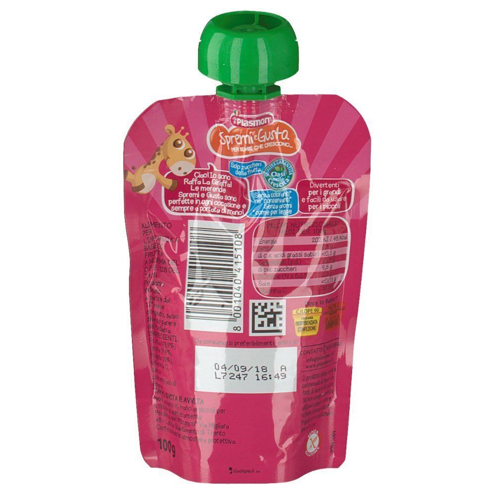 Retro di un sacchetto Plasmon Spremi e Gusta Mela Fragola con informazioni nutrizionali e codice a barre.