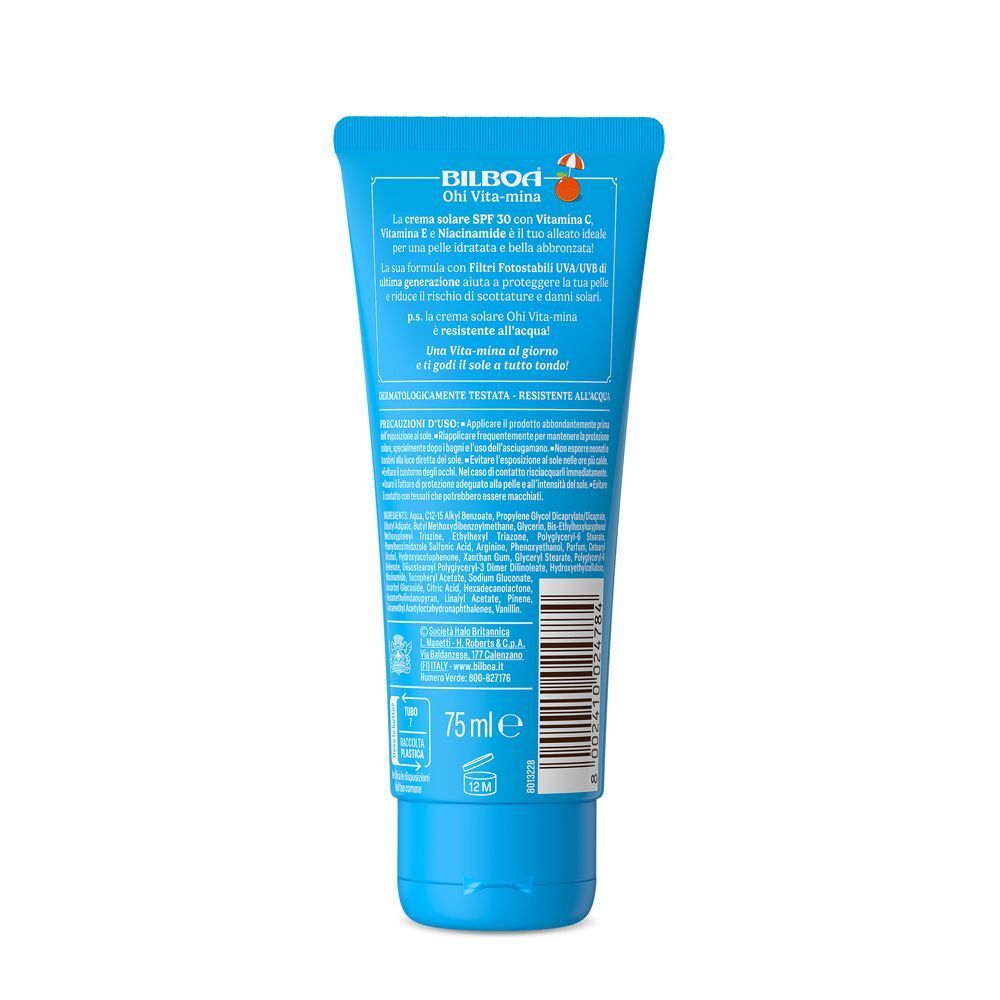 Retro del tubetto Bilboa Oh! Vita-mina Crema Solare. Contiene 75ml. Informazioni su ingredienti e uso.