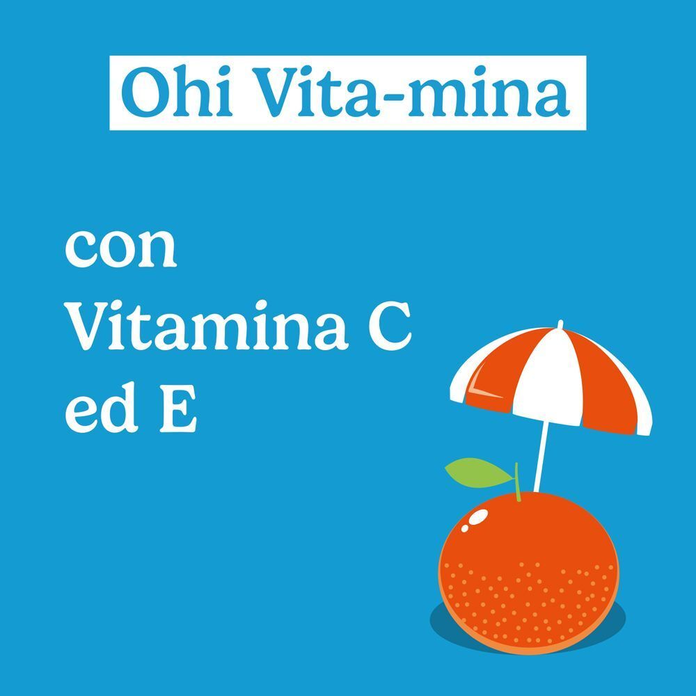 Bilboa Oh! Vita-mina con Vitamina C ed E. Arancia con ombrellino. Testo: 'con Vitamina C ed E'.