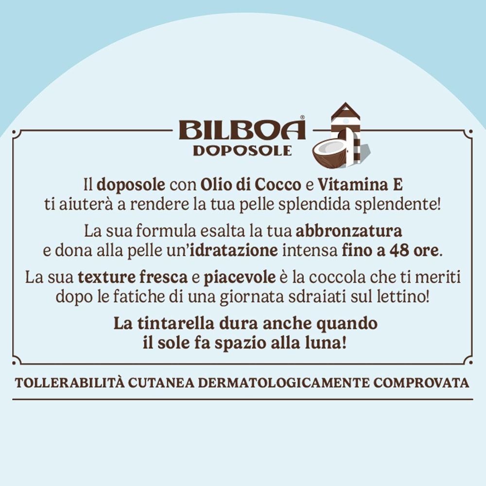 Vista dettagliata del flacone Bilboa Doposole Coccobello con cocco e indicazione Vitamina E.