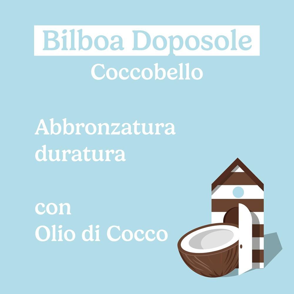 Flacone Bilboa Doposole Coccobello con simbolo olio di cocco e illustrazione cabina da spiaggia.