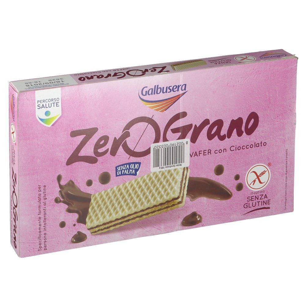 Confezione di cialde Galbusera ZeroGrano al cioccolato, senza glutine, con immagine di cialda.