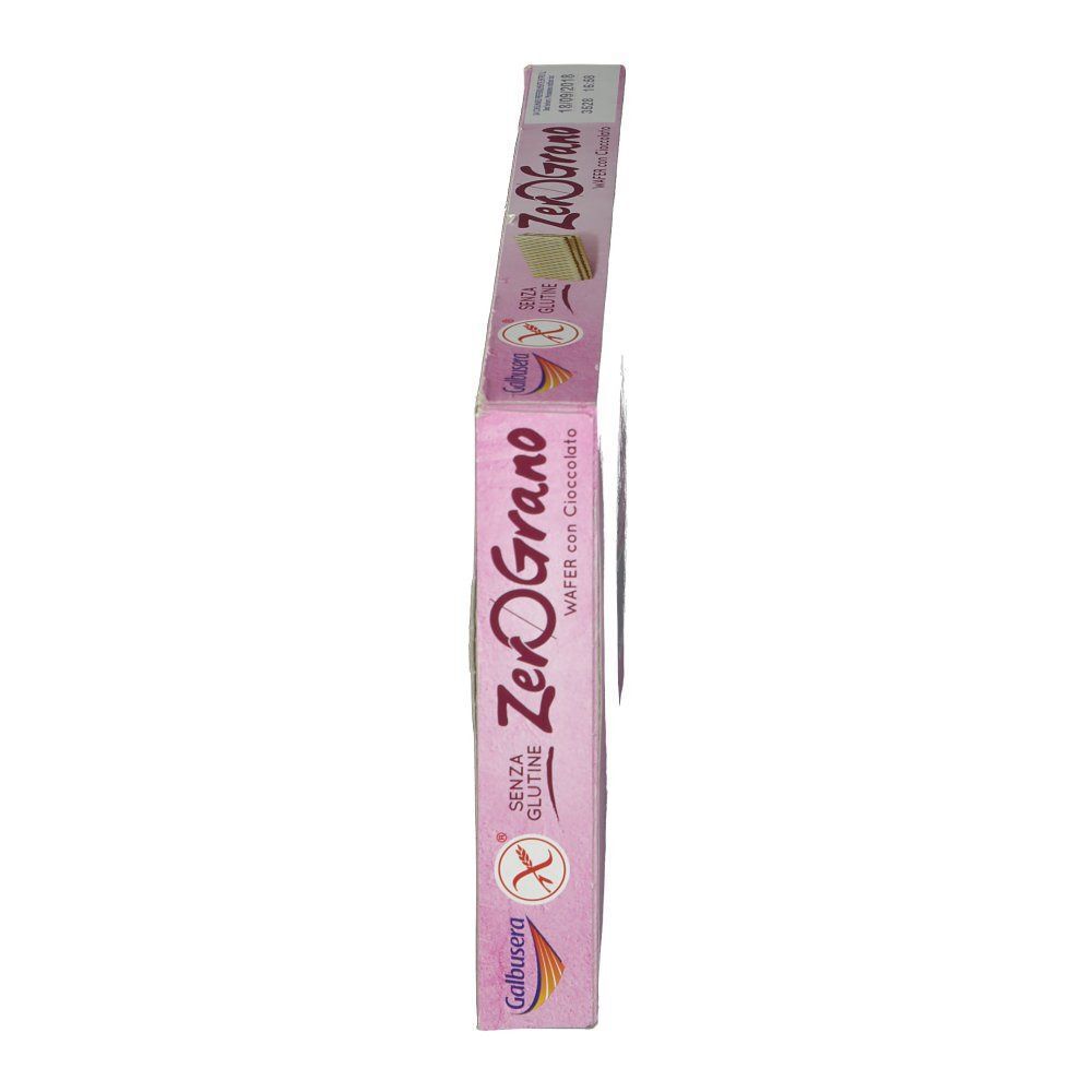 Vista laterale di una confezione di Galbusera ZeroGrano Wafer con Cioccolato, senza glutine.