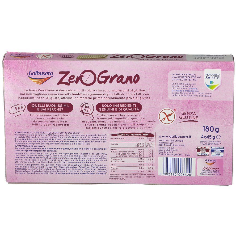 Retro di una confezione di Galbusera ZeroGrano Wafer con Cioccolato, senza glutine, con informazioni nutrizionali.