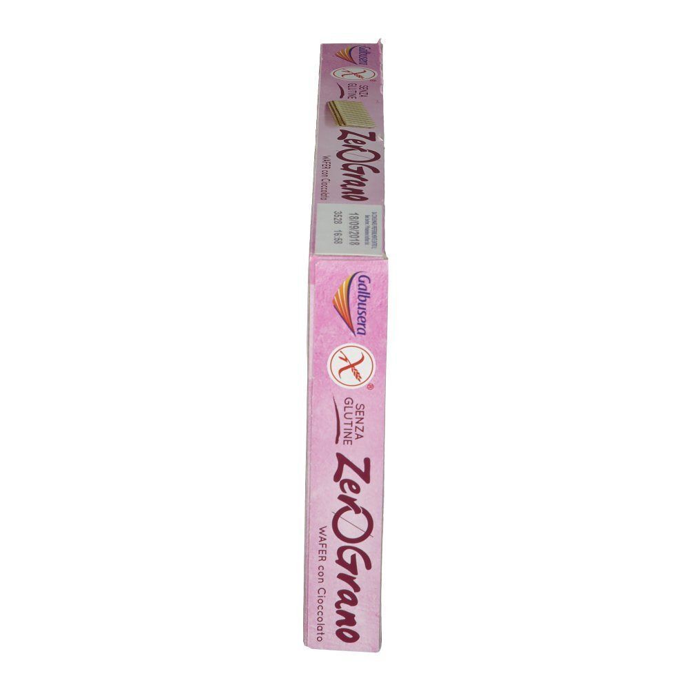 Vista laterale di due confezioni impilate di Galbusera ZeroGrano Wafer con Cioccolato, senza glutine.