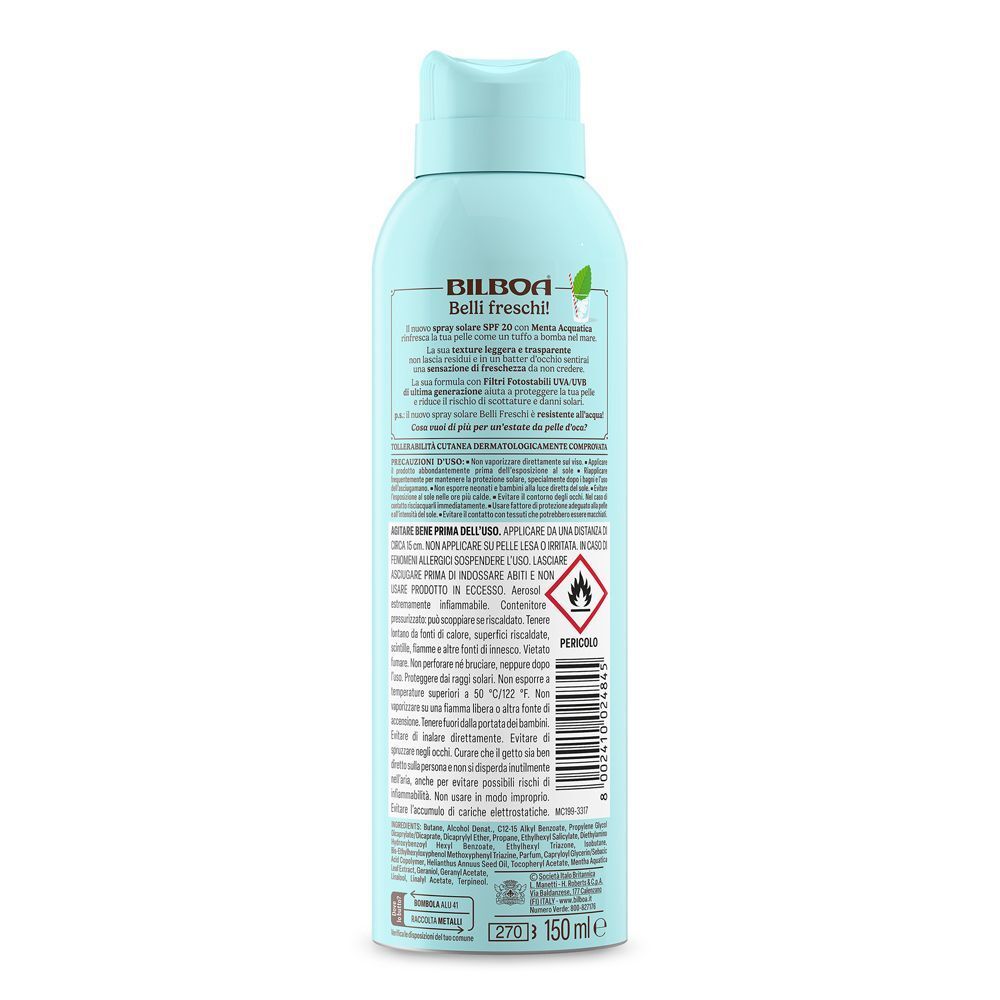Retro di un flacone spray solare Bilboa Belli Freschi con ingredienti e istruzioni.