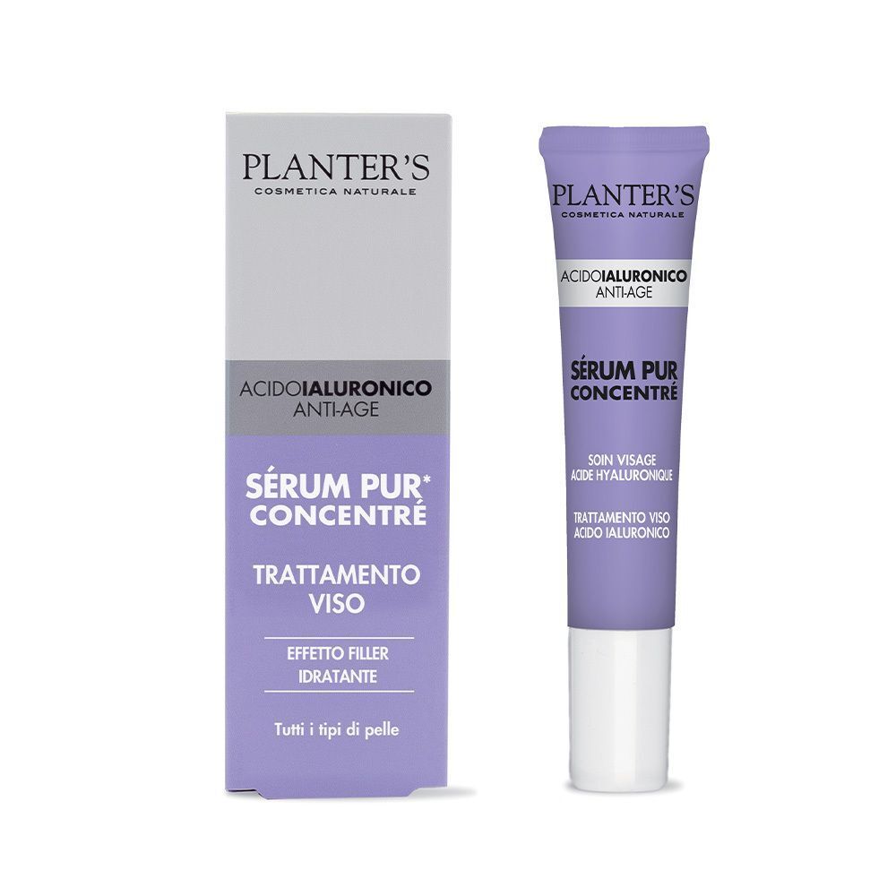 Un tubo di Planter's Siero Puro Concentrato e la sua confezione, viola e bianchi.