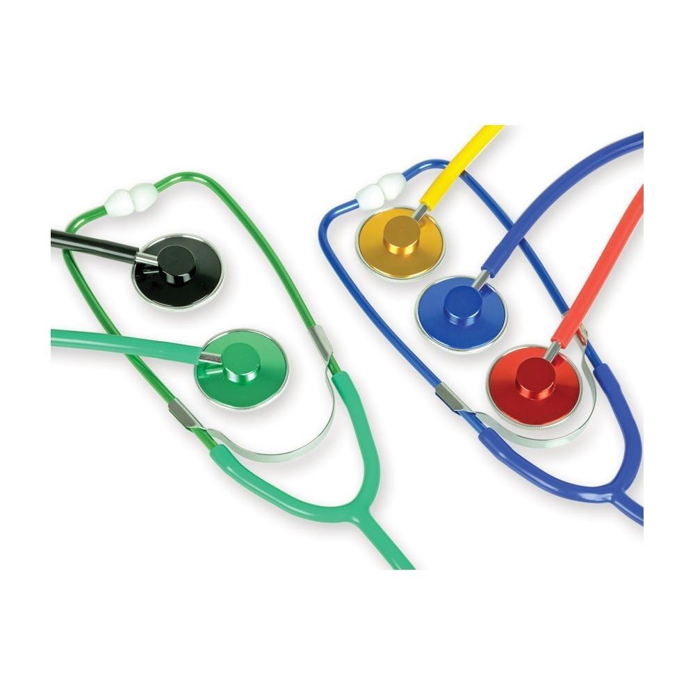 Diversi stetoscopi colorati: verde, nero, blu, giallo, rosso, su sfondo bianco.