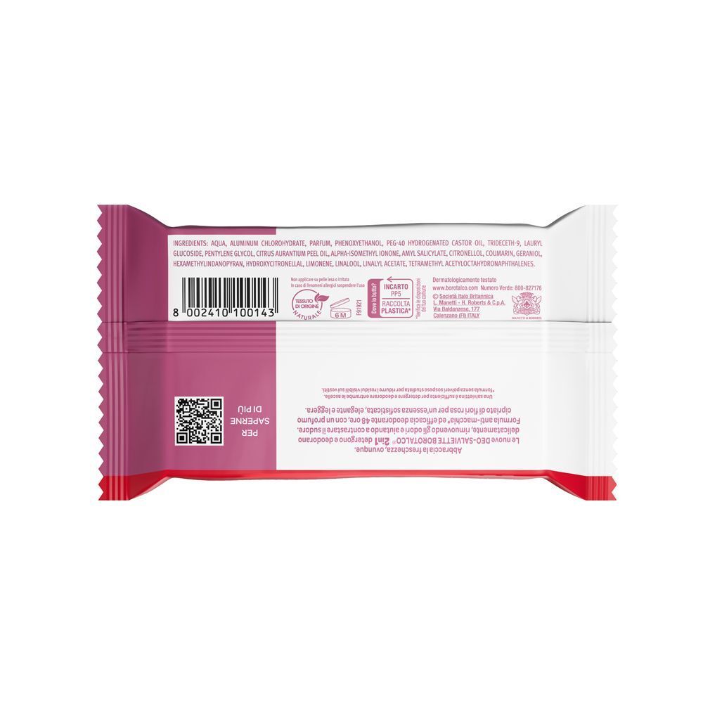 Retro di una confezione di salviette Borotalco Seta 2in1 con ingredienti e codice a barre.