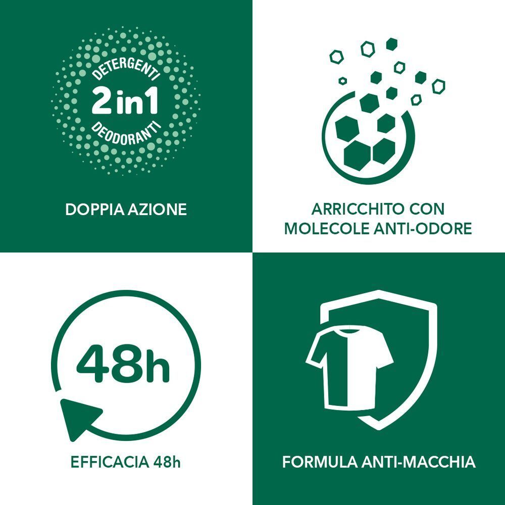Simboli per Borotalco Seta 2in1: Doppia azione, Anti-odore, Efficacia 48h, Formula anti-macchia.