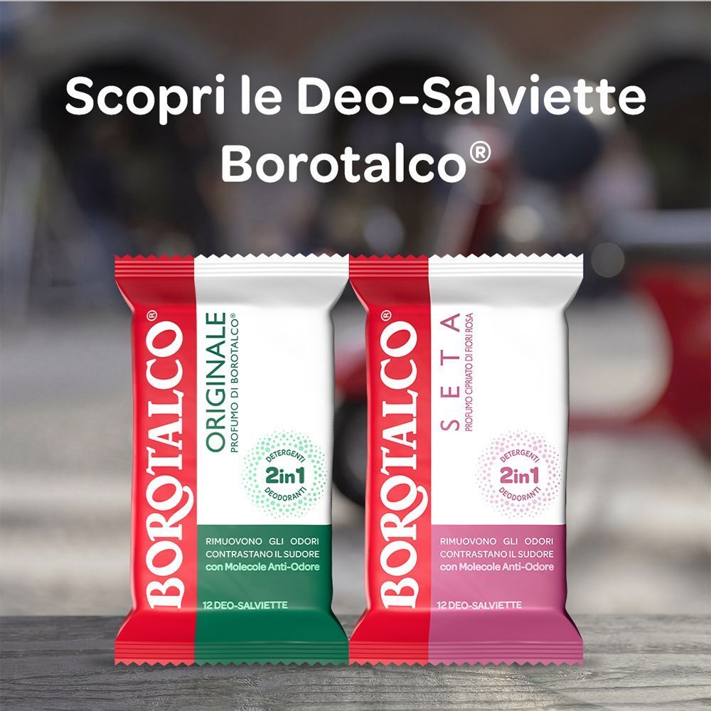 Due confezioni di salviette Borotalco: Originale e Seta, su un tavolo.