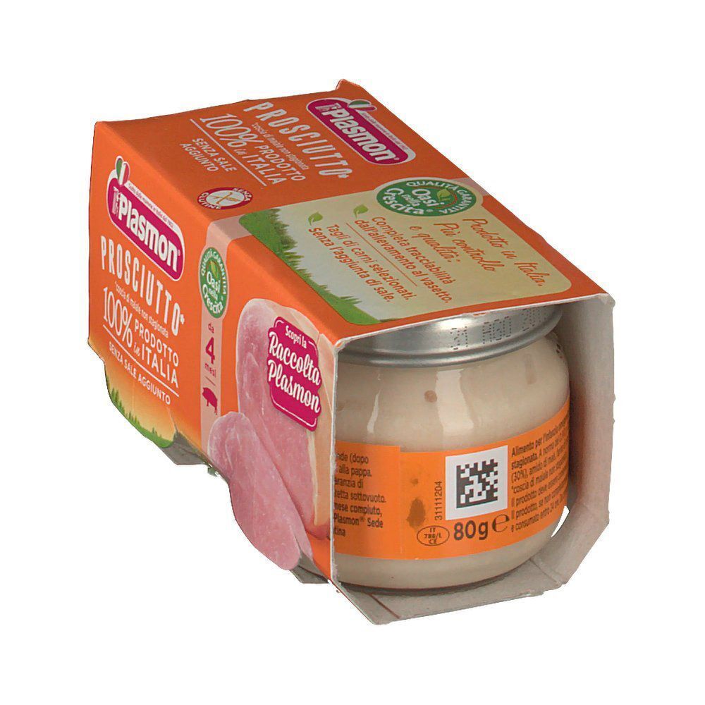 Una confezione di Plasmon® Omogeneizzato Prosciutto, omogeneizzato di prosciutto per neonati, 80g.