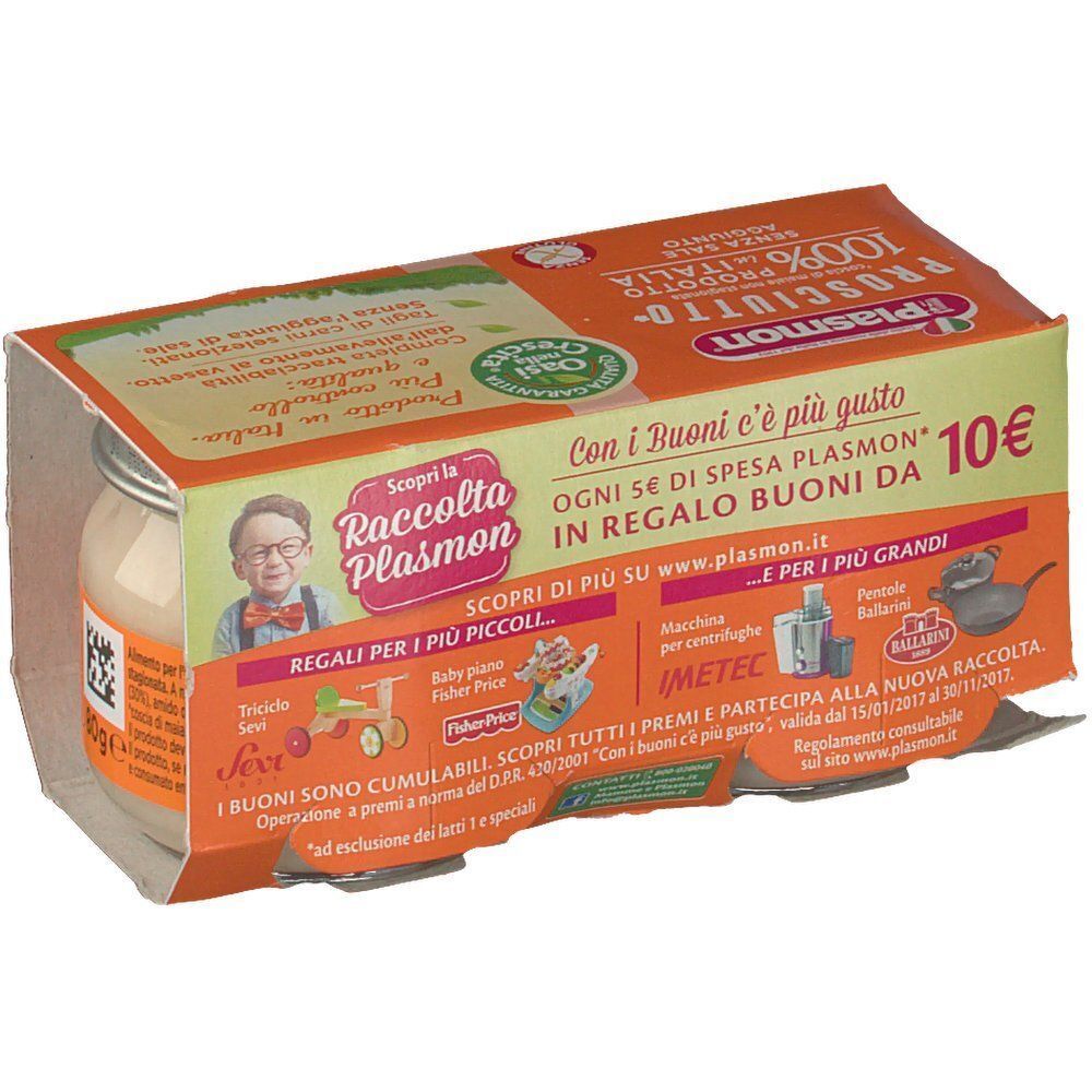 Una confezione di Plasmon® Omogeneizzato Prosciutto, omogeneizzato di prosciutto per neonati, retro con informazioni.