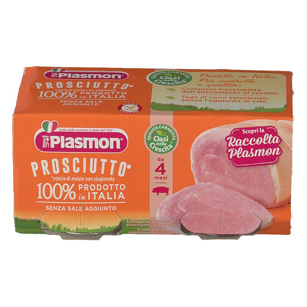 Una confezione di Plasmon® Omogeneizzato Prosciutto, omogeneizzato di prosciutto, con fette di prosciutto.
