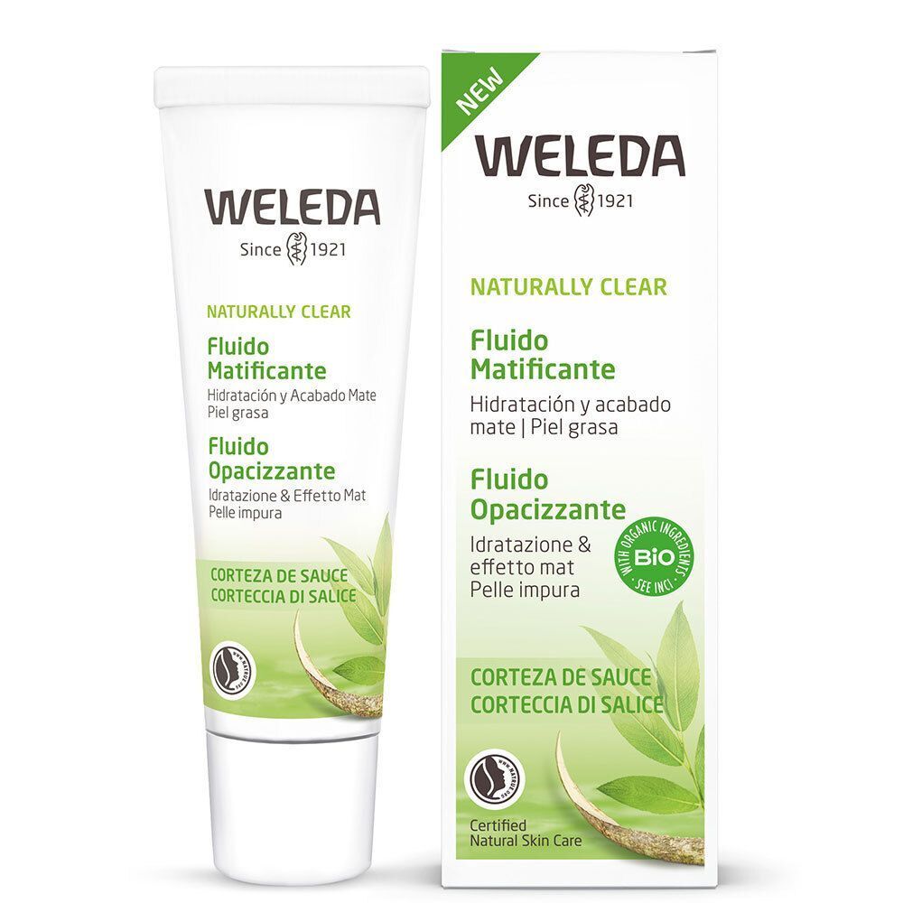 Weleda Naturally Clear Fluido Opacizzante in tubo e scatola. Contenitori bianchi con etichette verdi e bianche.