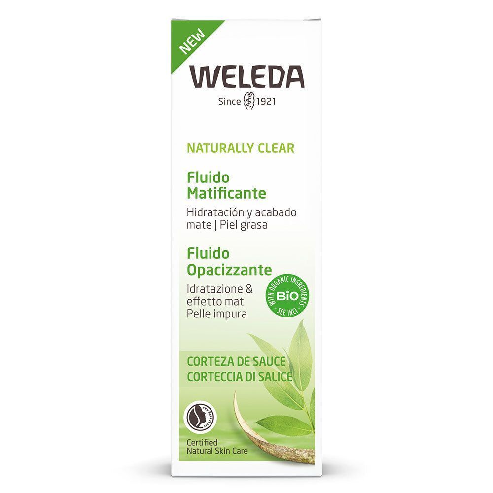 Una confezione di Weleda Naturally Clear Fluido Opacizzante. Scatola bianca con etichette verdi e bianche.