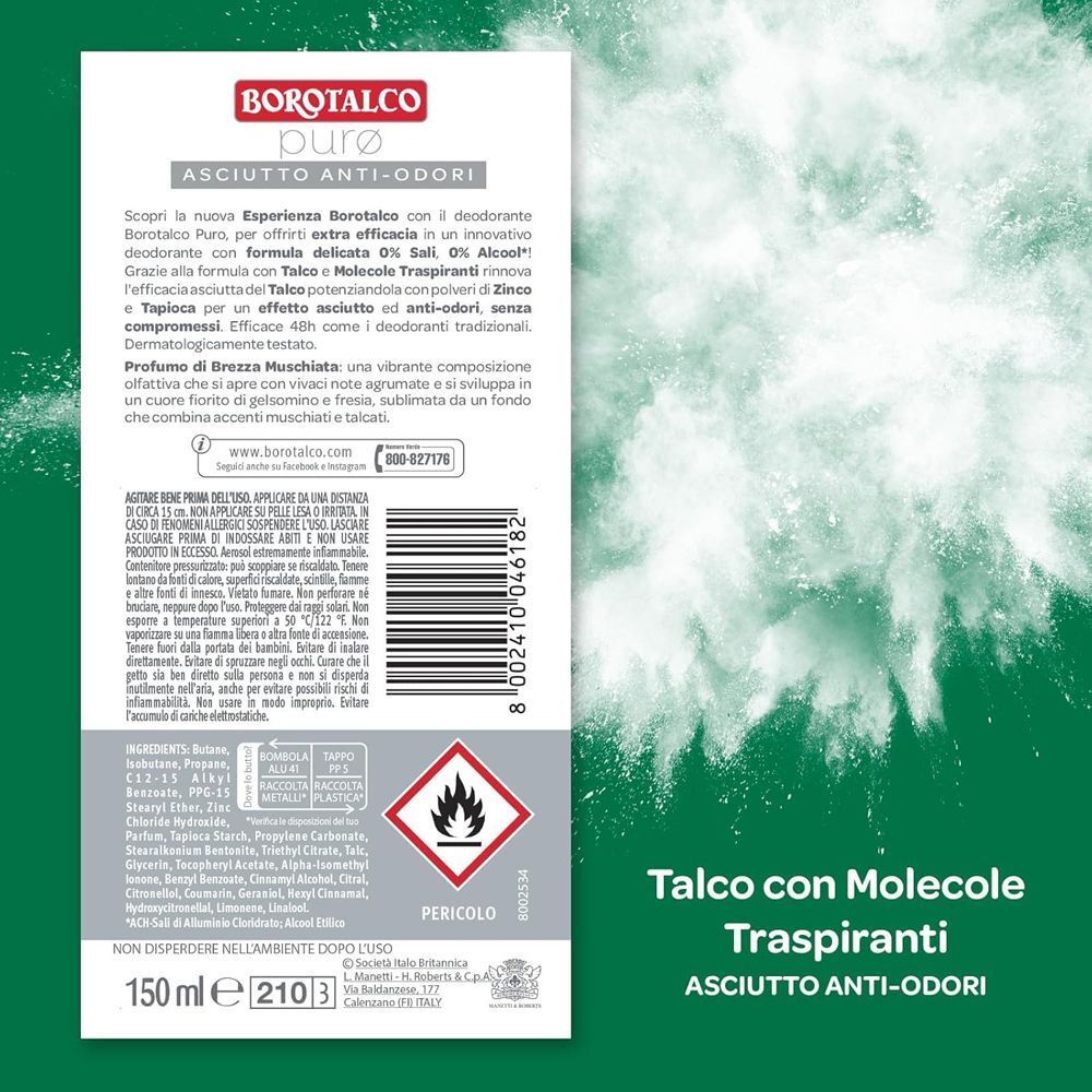 Fronte di un flacone spray deodorante Borotalco Puro Brezza Muschiata con codice a barre.