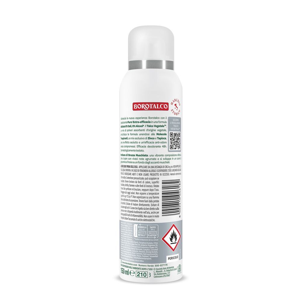 Retro di una bomboletta spray deodorante Borotalco Puro con informazioni.