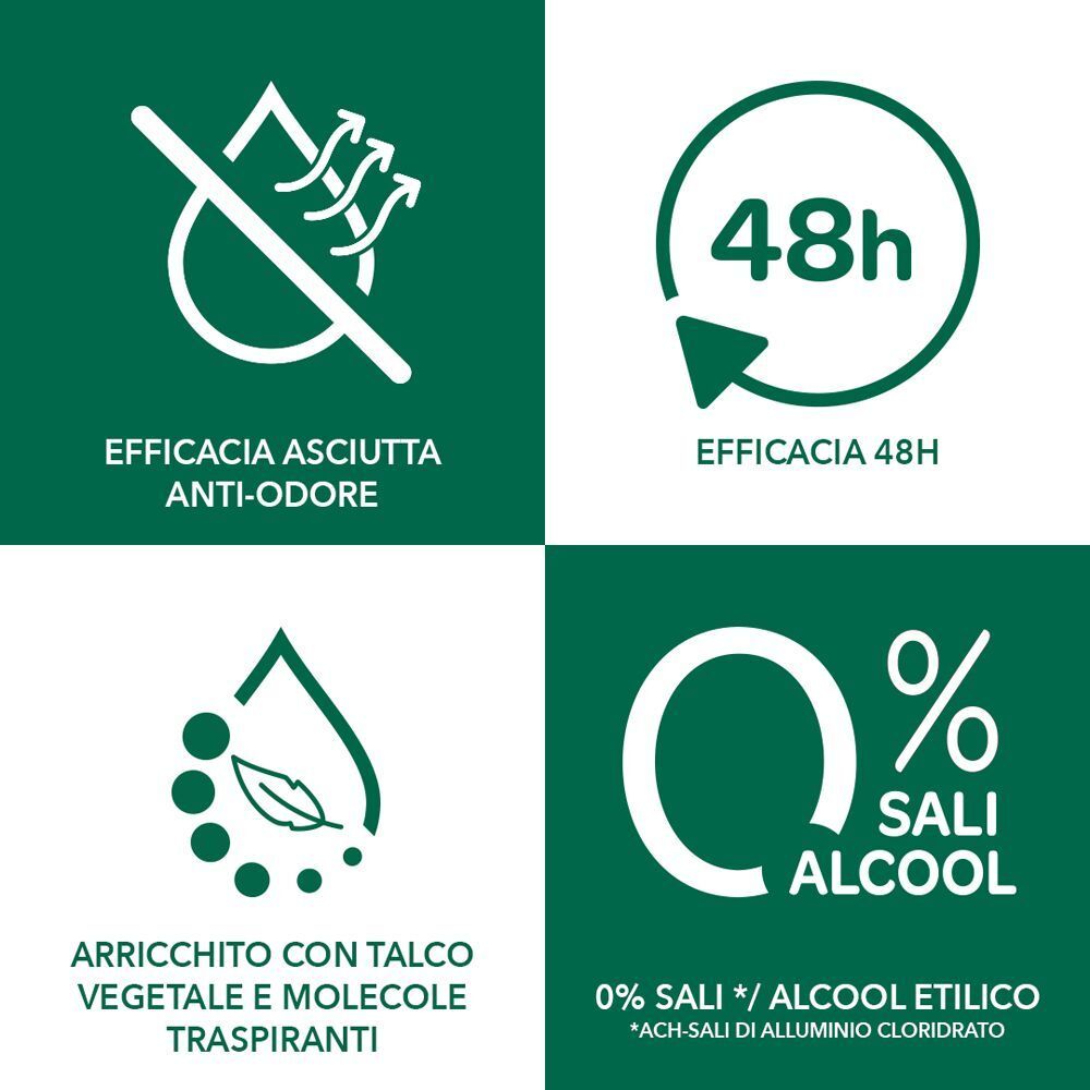 Icone Borotalco Puro: efficacia 48h, 0% sali/alcool, Talco Vegetale.