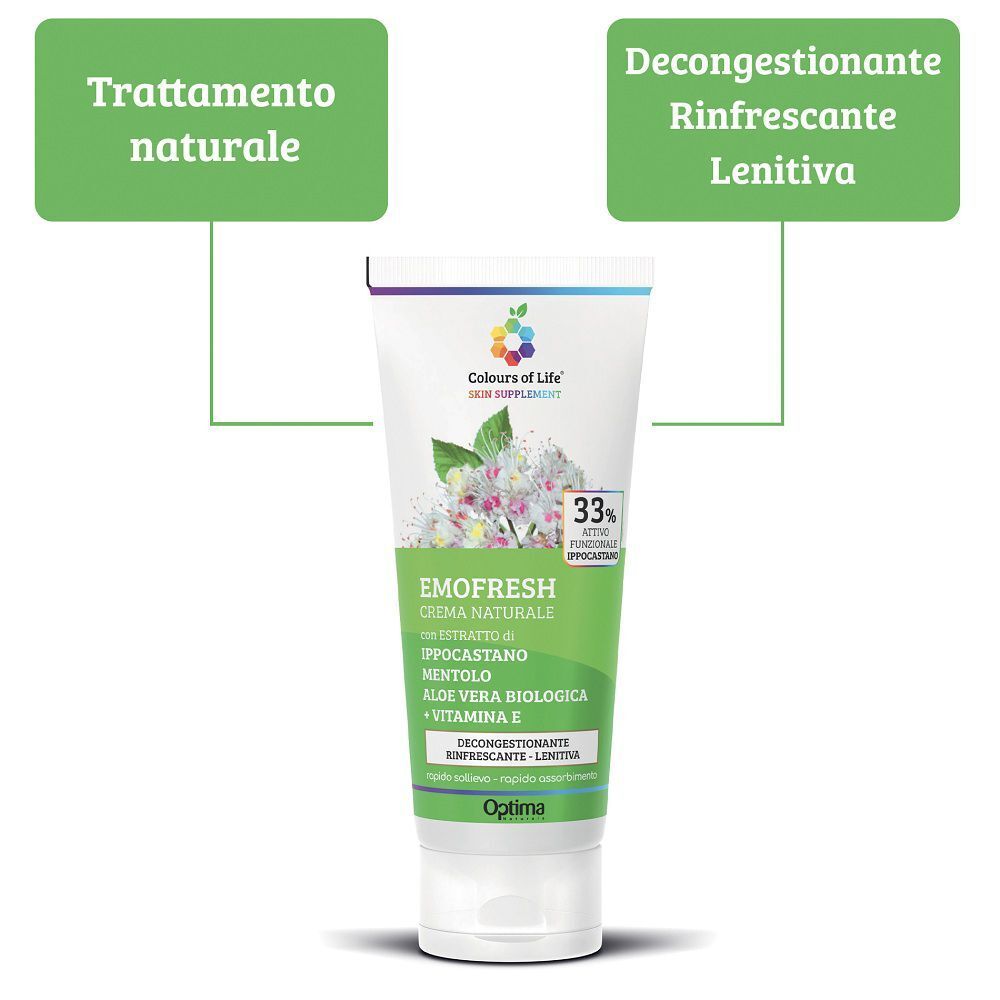Tubetto del prodotto per la pelle Emofresh con indicazioni su uso ed effetto.