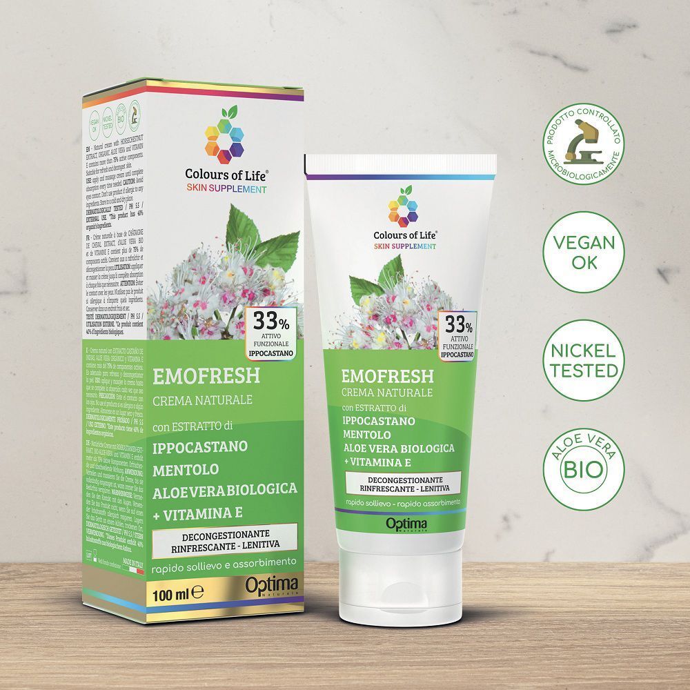 Tubo e scatola Emofresh con sigilli Vegan, Nickel Testato, Aloe Bio.