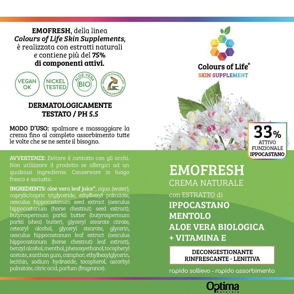 Retro della confezione Emofresh con ingredienti e istruzioni.