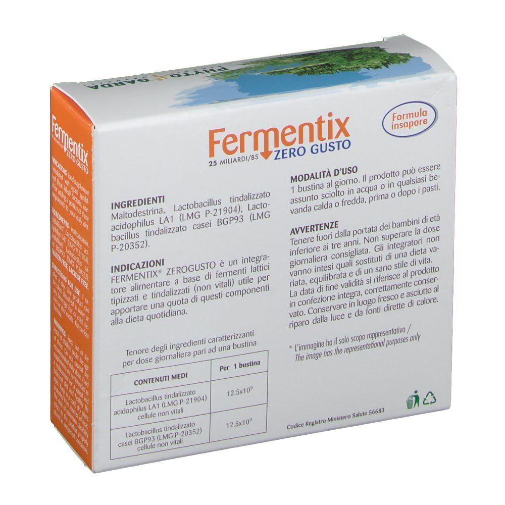 Retro di una confezione Fermentix Zero Gusto con ingredienti, modalità d'uso e composizione.