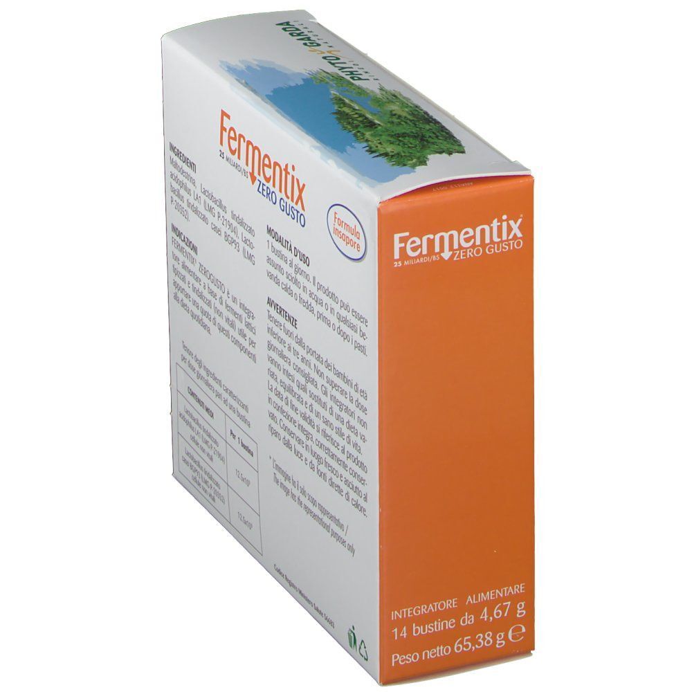 Vista laterale di una confezione Fermentix Zero Gusto, contenente 14 bustine da 4,67g.
