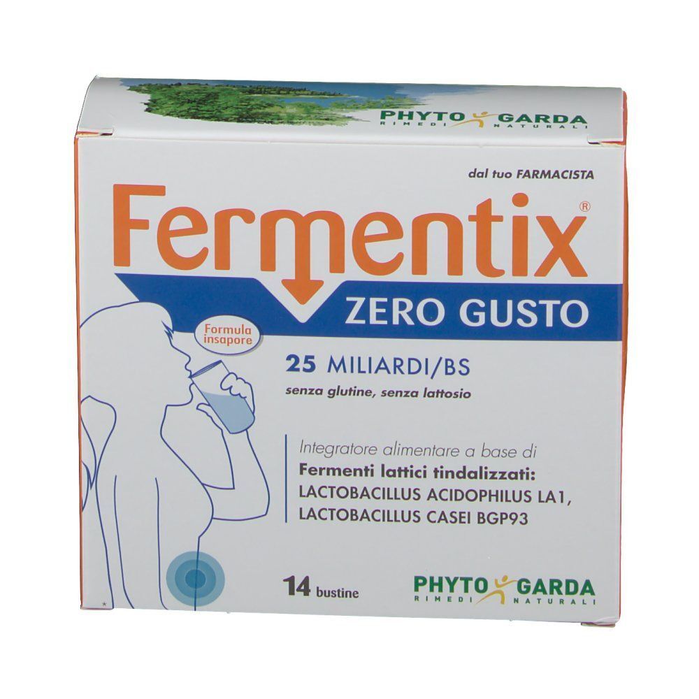 Fronte di una confezione Fermentix Zero Gusto, 14 bustine, 25 miliardi di batteri.