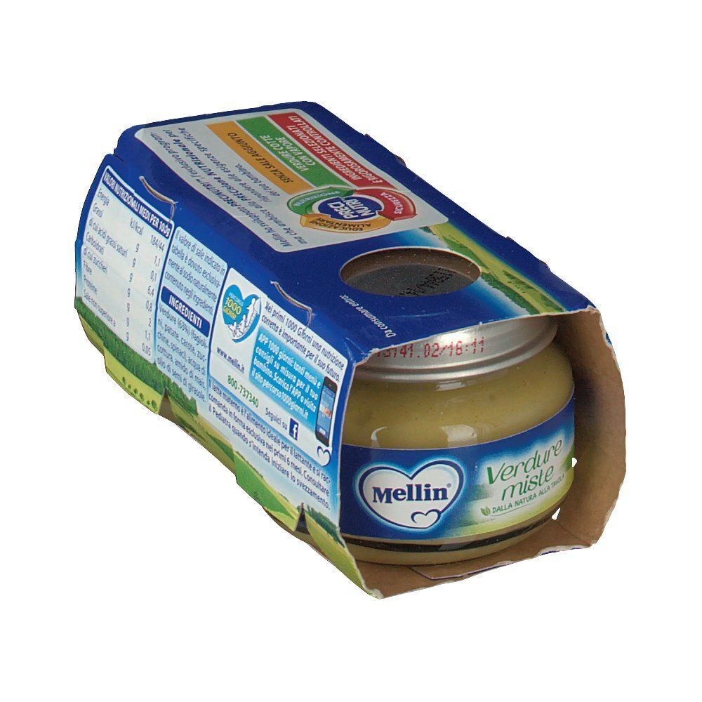 Mellin Verdure Miste: Un vasetto di omogeneizzato di verdure miste per l'infanzia, vista laterale nella confezione.