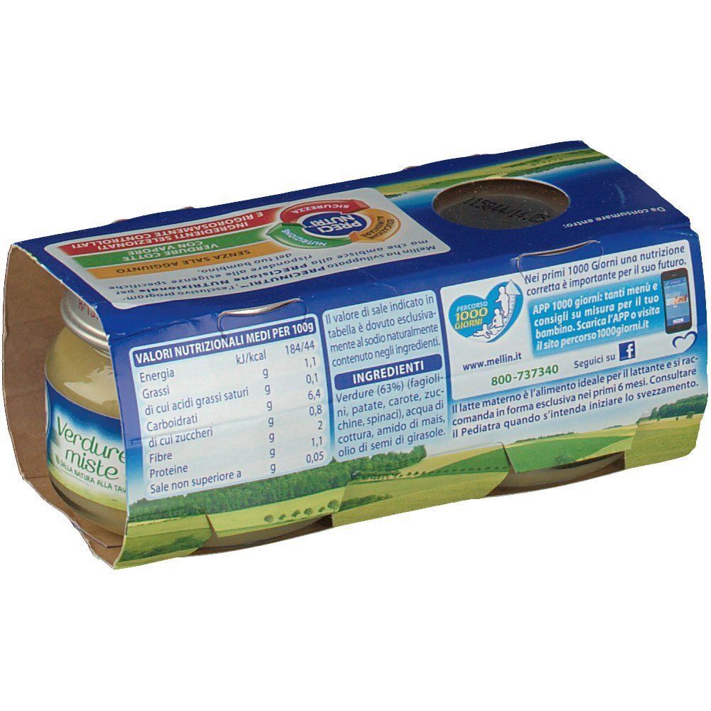 Retro di una confezione di Mellin® Verdure Miste con informazioni nutrizionali.